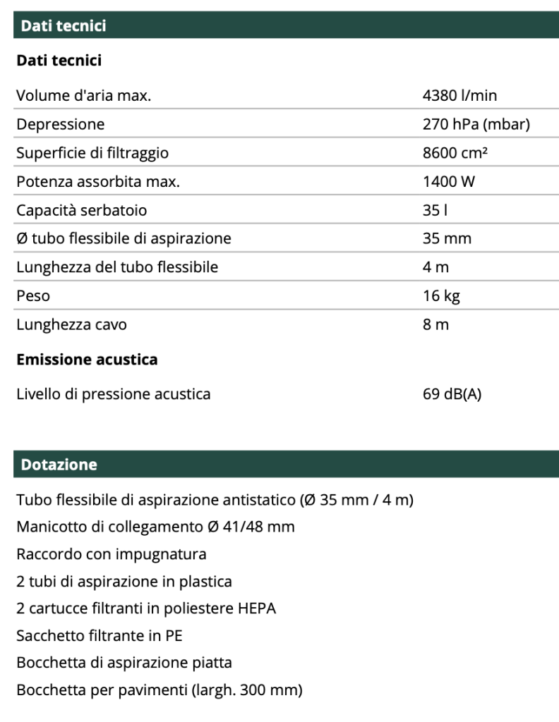 SCHEDA TECNICA ASPIRATORE